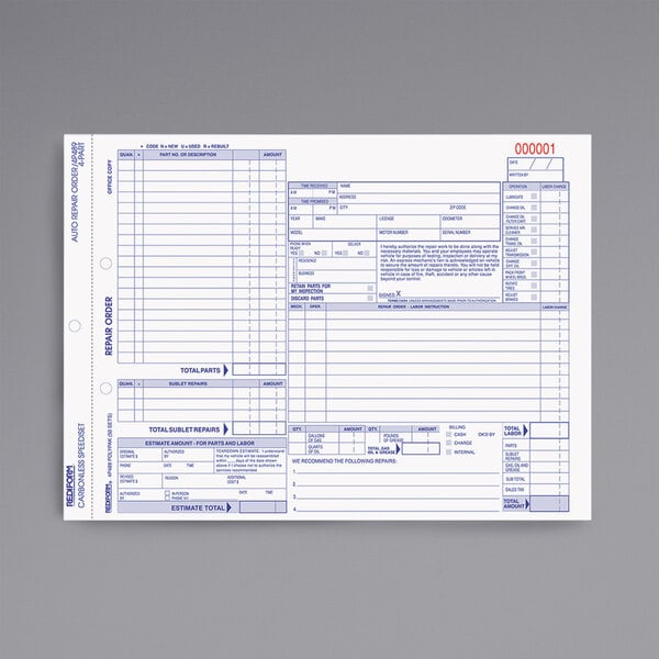 A white Rediform Auto Repair form with blue lines.