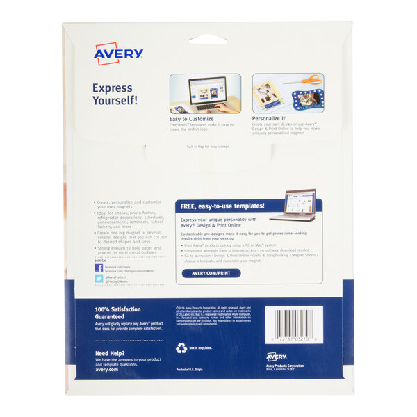 The image shows the back of a package for Avery printable magnet sheets, featuring product information, instructions, and a barcode.