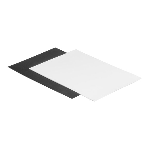 Two rectangular sheets, one white and one black, are stacked slightly offset on a white background.