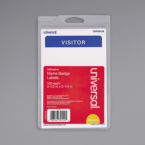 A package of Universal white visitor name badges with blue labels.