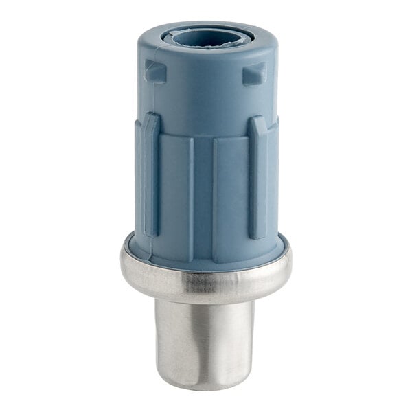 A blue plastic threaded connector with a silver metal base.