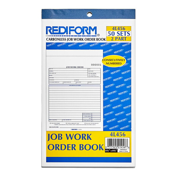 A blue and white package with a white cover for a Rediform 2-Part Carbonless Job Work Order Book.