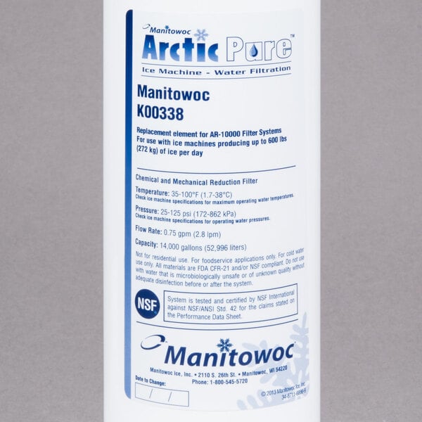 A white bottle with blue text for a Manitowoc Arctic Pure water filtration system.