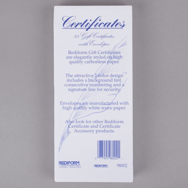 A white rectangular package with a blue and gold Rediform Office gift certificate.