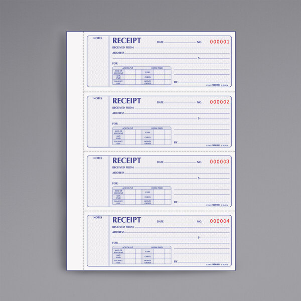 The white flexible cover of a Rediform numbered receipt book with blue writing on it.