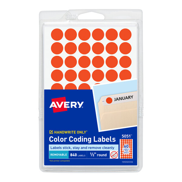 A package of Avery Neon Red Round Color Coding Labels with white and orange labels.