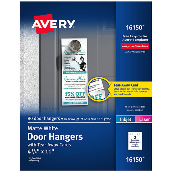 A package of Avery white door hangers with tear-away cards.