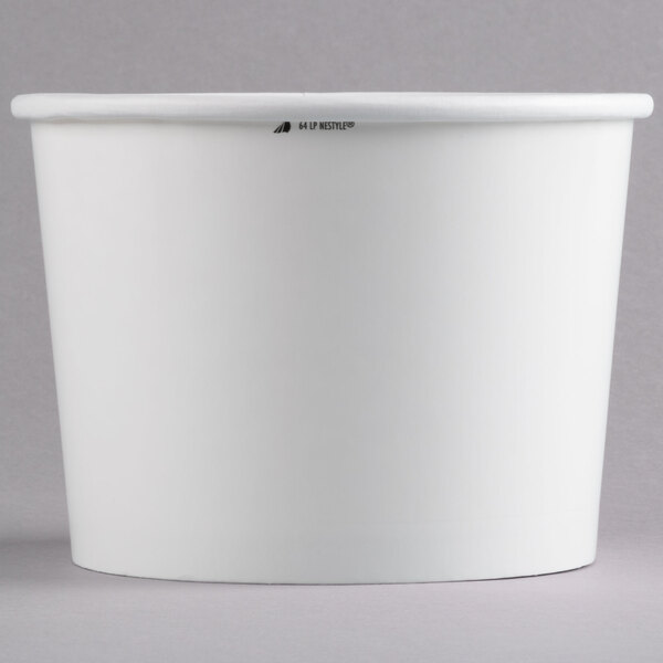 A Huhtamaki white paper food cup with black text.