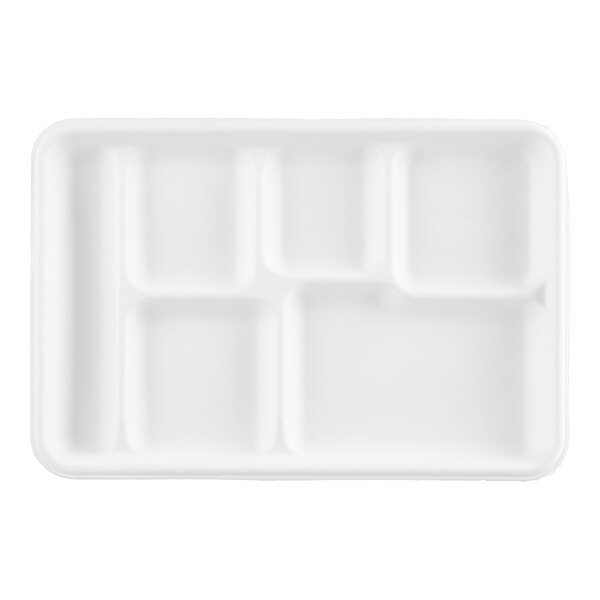A white Huhtamaki Chinet cafeteria tray with six compartments.