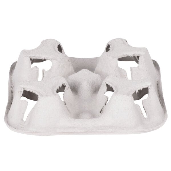 A white Huhtamaki 4 cup carrier tray with three holes.