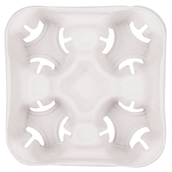 A white Huhtamaki 4 cup carrier with circular holes.