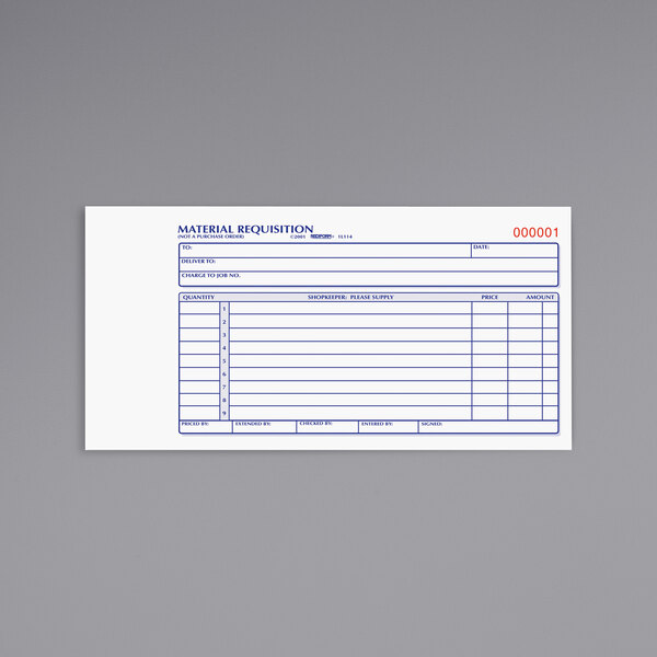 A Rediform 2-part carbonless material requisition form with blue writing on a white background.
