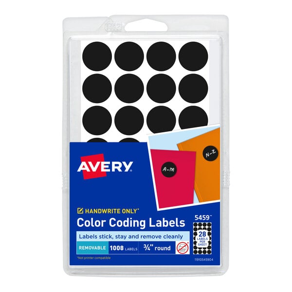 A package of Avery black round labels with 1008 circles.