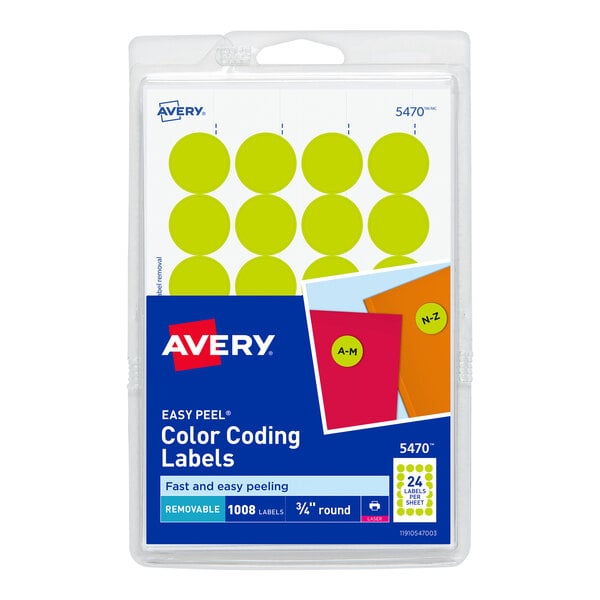 A package of neon yellow and green Avery round labels with a white background.