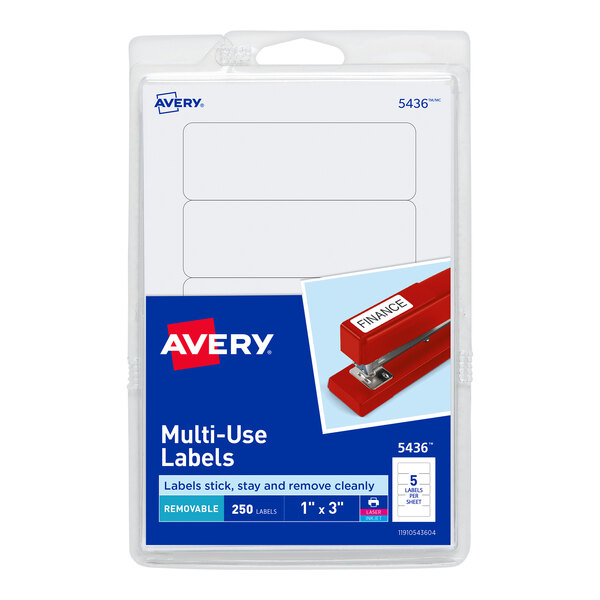 A sheet of white rectangular Avery multi-use labels with a white label printed with "Avery 5436" and "Stapler" in black.