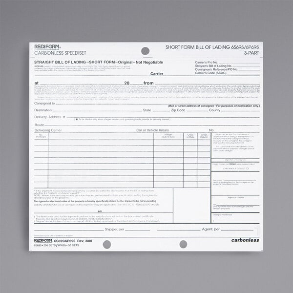 A white paper Rediform Office 3-part bill of lading form with black text.