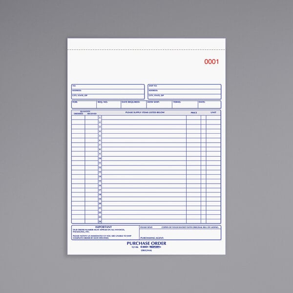 A Rediform carbonless purchase order book with white paper and blue lines.