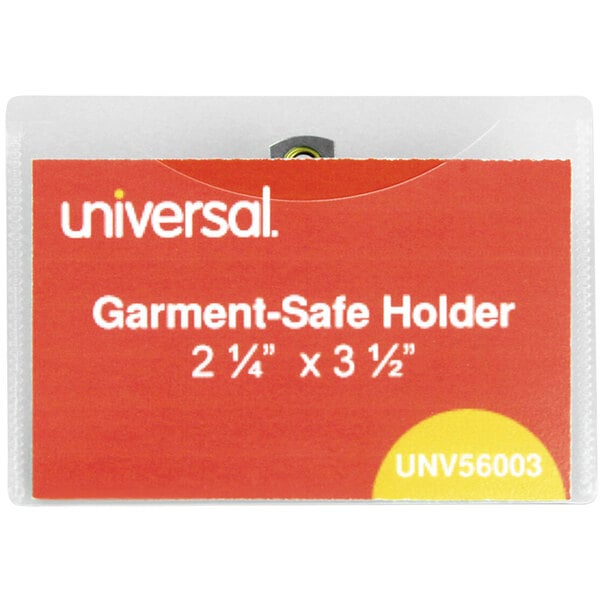 A Universal clip-on badge holder with a yellow card and white text.