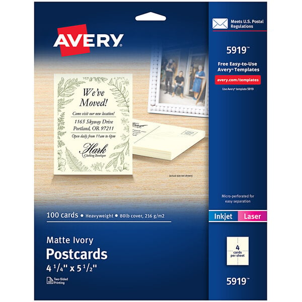 A blue and white package of Avery matte ivory postcards with a picture of postcards.