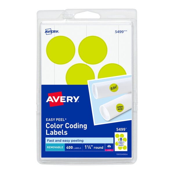 A package of Avery neon yellow round labels.