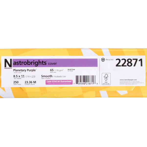 Astrobrights Planetary Purple paper cardstock package with a white label on a yellow package.