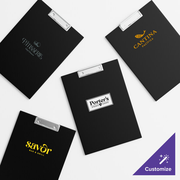 A set of black wood color menu holders with metal clips, each featuring customizable restaurant logos.