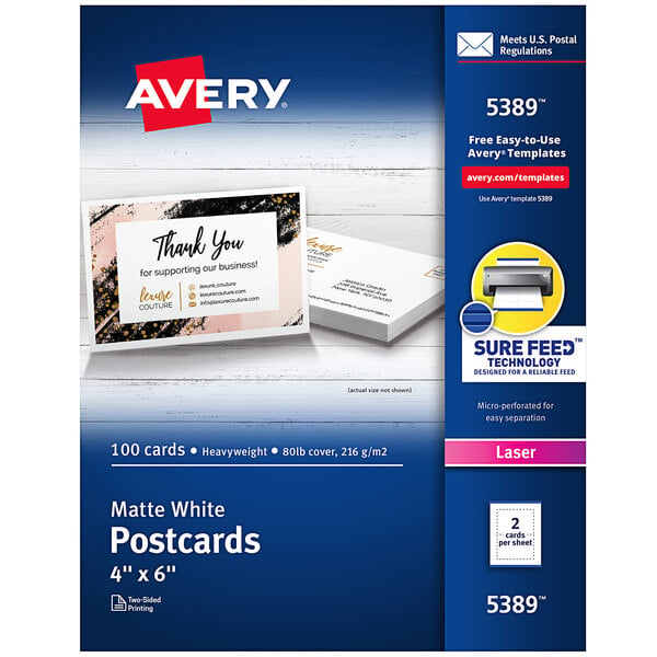 A blue and white box of Avery white printable postcards with a white rectangular sign on the front.