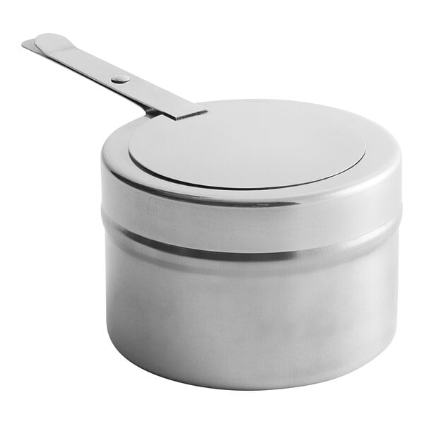 A silver stainless steel Choice 8 oz. fuel holder with cover.