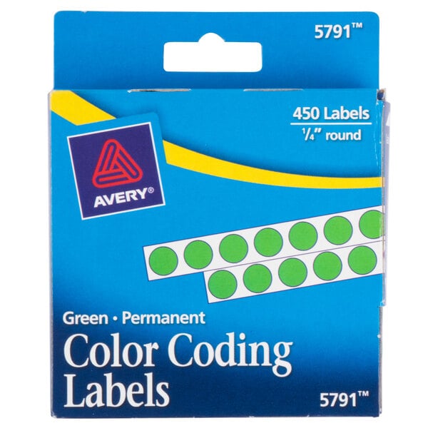 A package of green Avery color coding labels with white labels on a blue box.