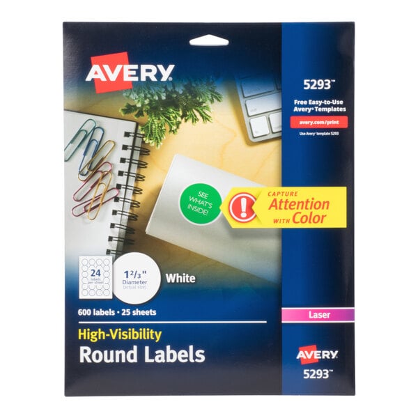 The image shows a package of Avery 5293 high-visibility round white printable labels, featuring 600 labels in total and designed for laser printers.