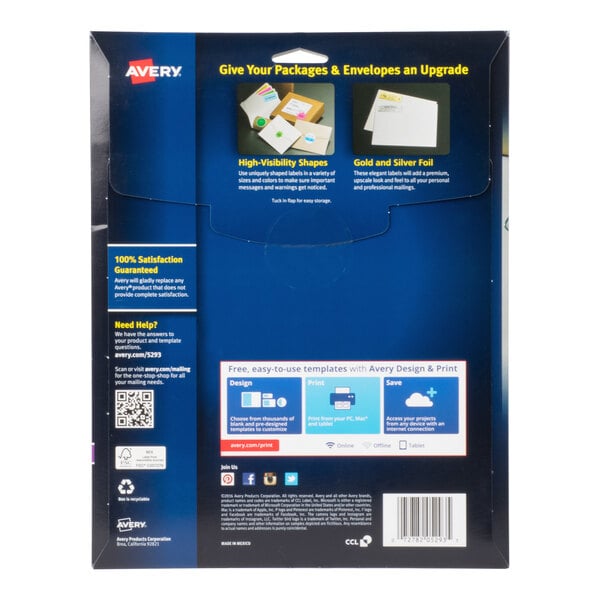 The image shows the back of a product package with instructions, features, and a barcode, including information about high-visibility shapes and gold and silver foil labels.