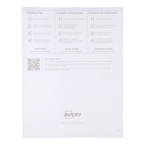 The image shows the back side of a sheet with printing tips and instructions in English, French, and Spanish, along with a QR code and the Avery logo at the bottom.