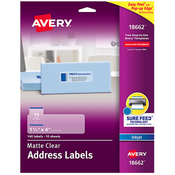 A package of Avery matte clear inkjet address labels.