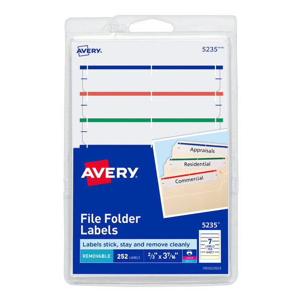 A package of Avery Removable File Folder Labels in assorted colors.