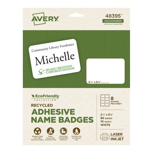 Avery® 48395 2 1/3" x 3 3/8" Ecofriendly White Adhesive Name Badge Labels - 80/Pack