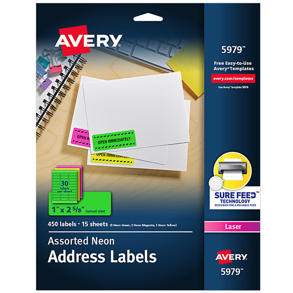 A stack of white paper with black and yellow Avery ID labels.