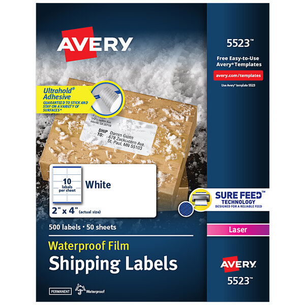 A box of white Avery waterproof shipping labels.