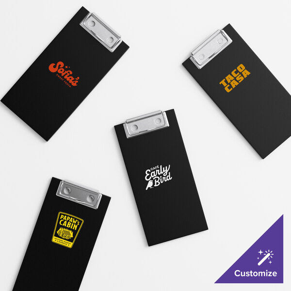 Choice 4" x 8" Customizable Black Wood Color Menu Holder / Check Presenter with Clip