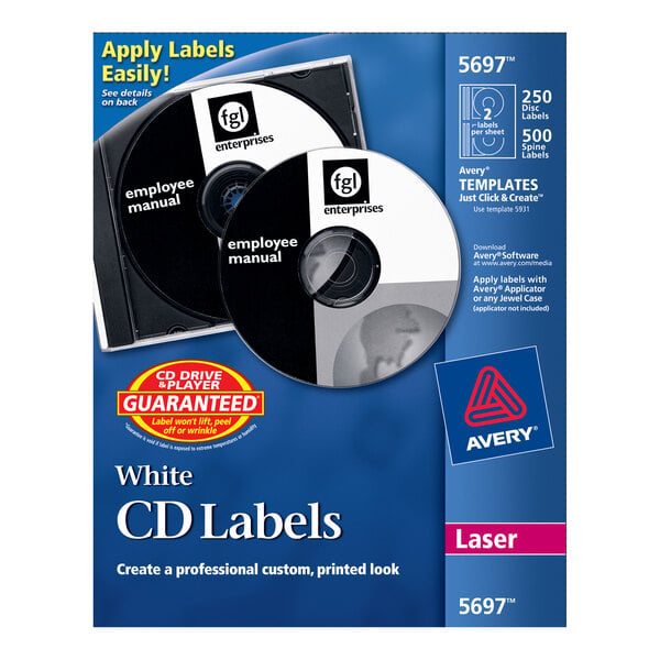 A blue package of Avery Matte White CD/DVD Labels with white text.