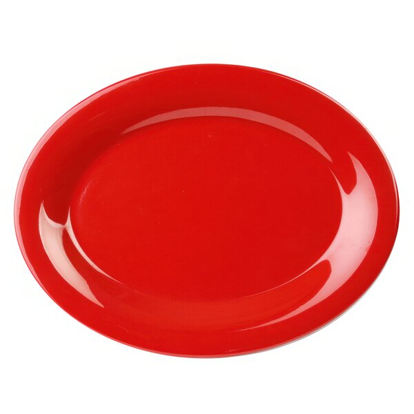 A red platter with an oval shape.