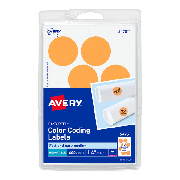 A package of white Avery labels with orange circles on them.