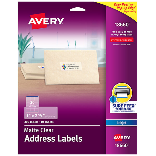 A package of Avery matte clear address labels with white background.