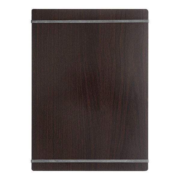 A dark wood Choice menu holder with silver bands.