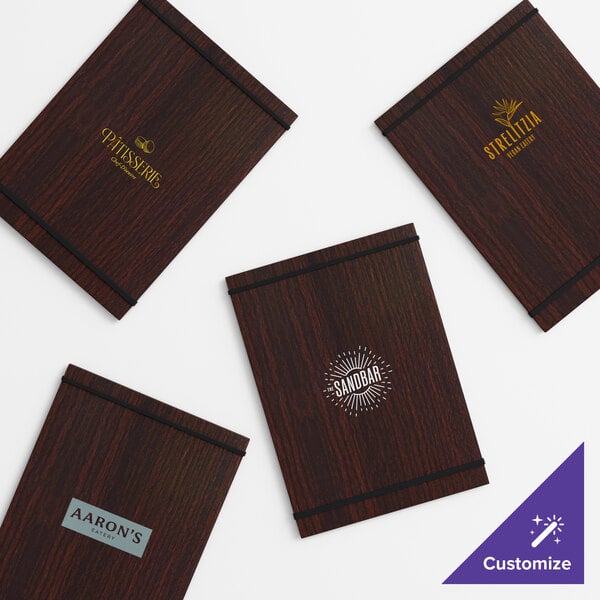 Choice 9" x 12 1/2" Customizable Dark Wood Color Menu Holder / Presenter with Straps