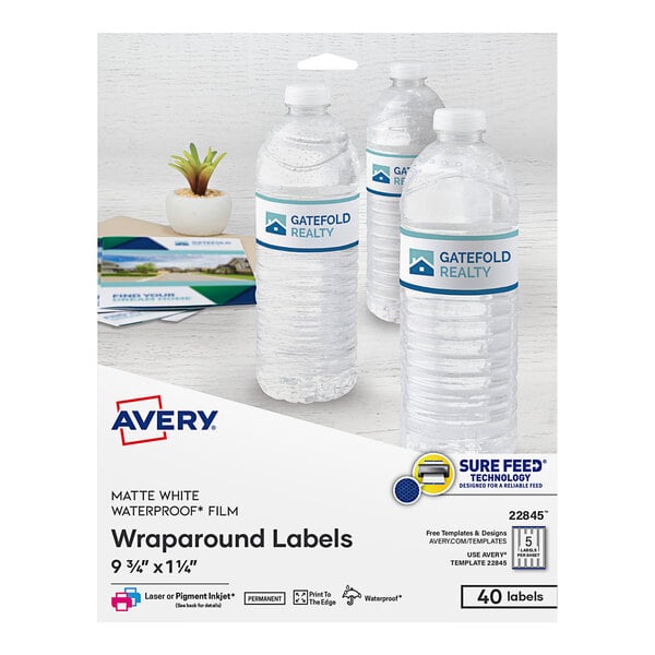 A package of Avery white water-resistant wraparound labels with a white background.