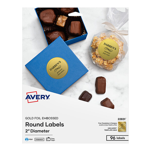 A blue box of Avery® round gold foil labels with a yellow circle on it.