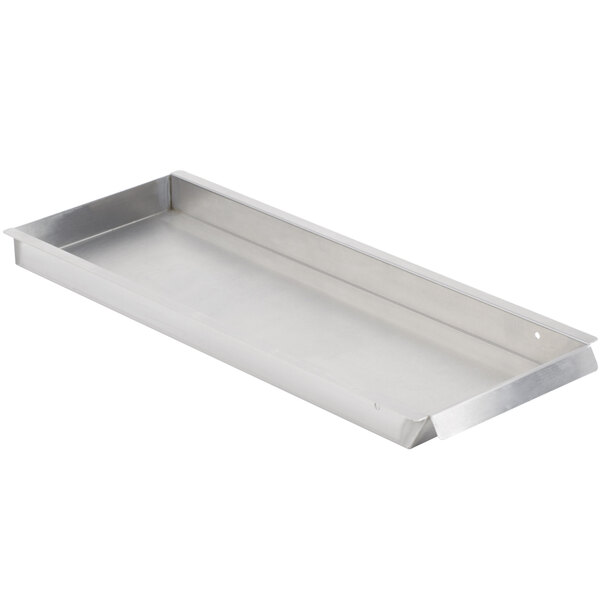 An Avantco stainless steel rectangular grease tray with a handle.