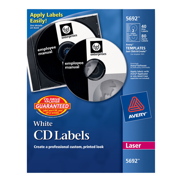 A blue package of Avery Matte White CD Labels with two CD labels and the Avery logo.