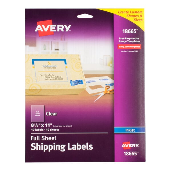 A package of Avery clear full-sheet shipping labels, 8 1/2" x 11", containing 10 labels for inkjet printers.