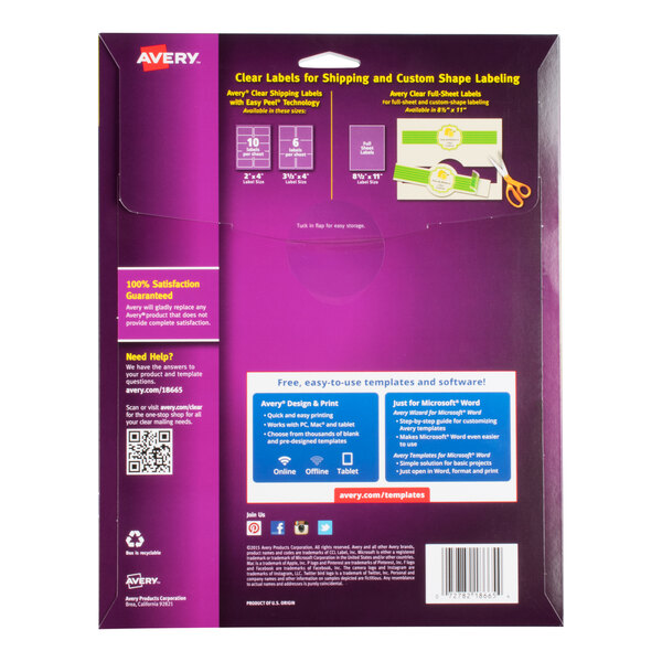 The image shows the back of an Avery packaging for clear full-sheet shipping labels, featuring product information, usage instructions, and software template details on a purple background.